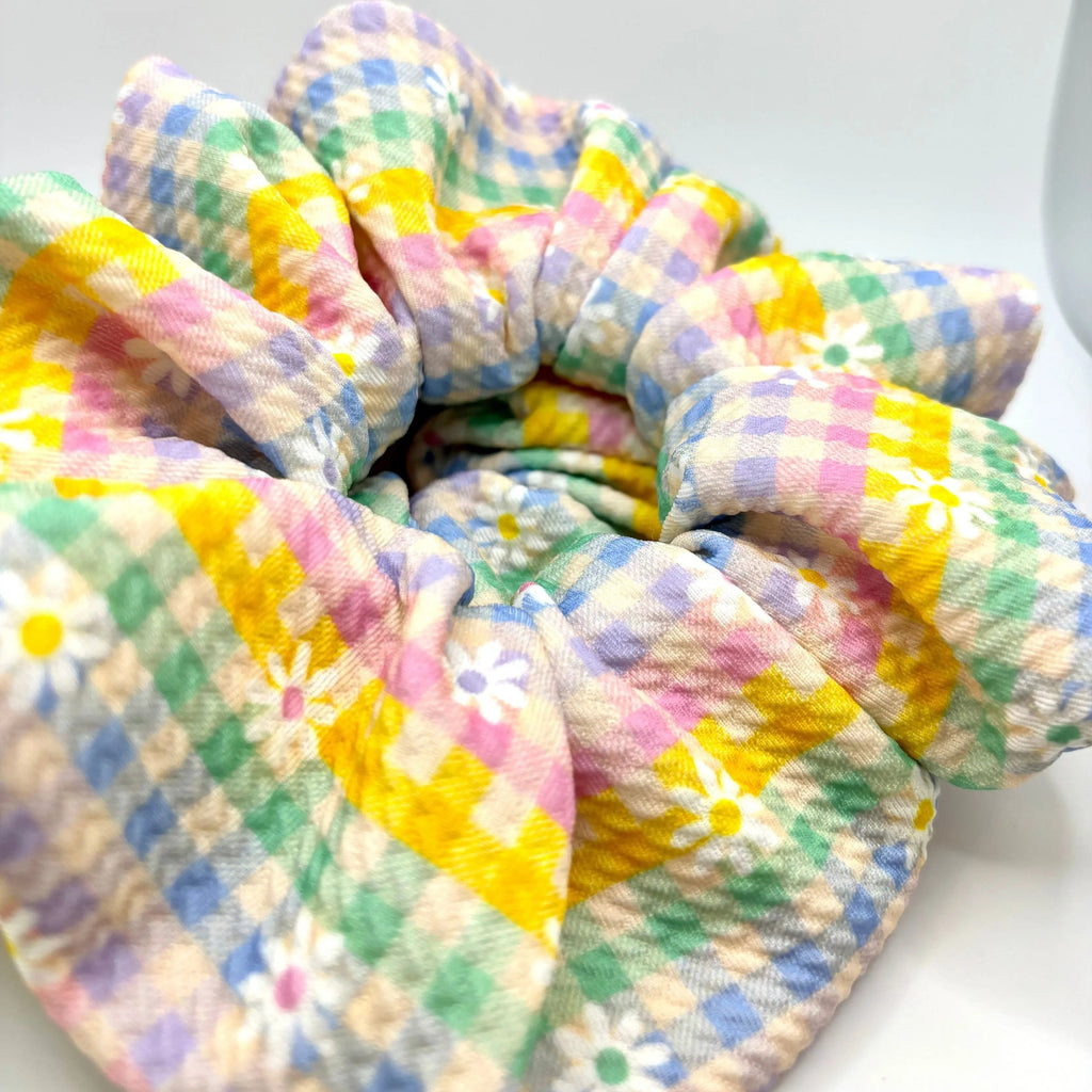 Pastel Gingham Flowers Spring Bullet Scrunchie