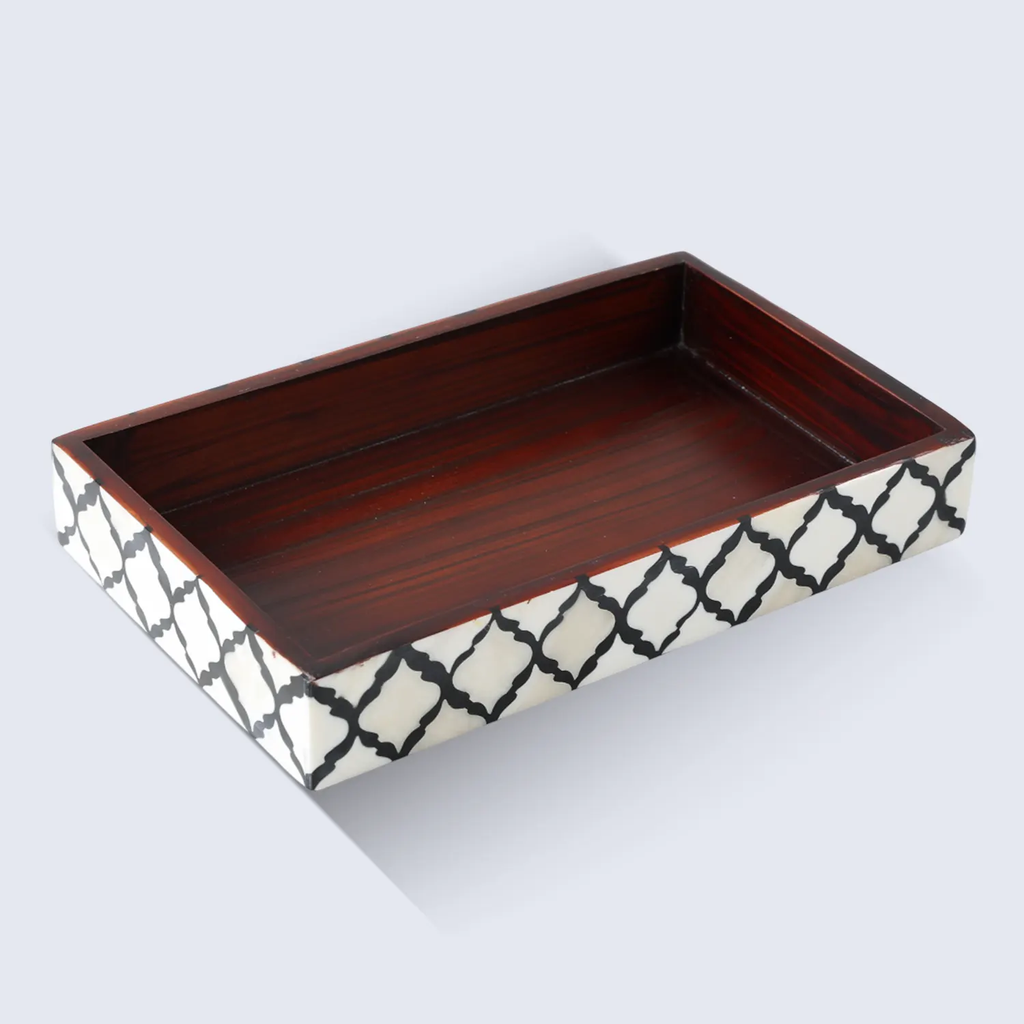 Vanity Trays Moroccan Pattern Bone & Resin inlay, Black & White, 10" x 6"