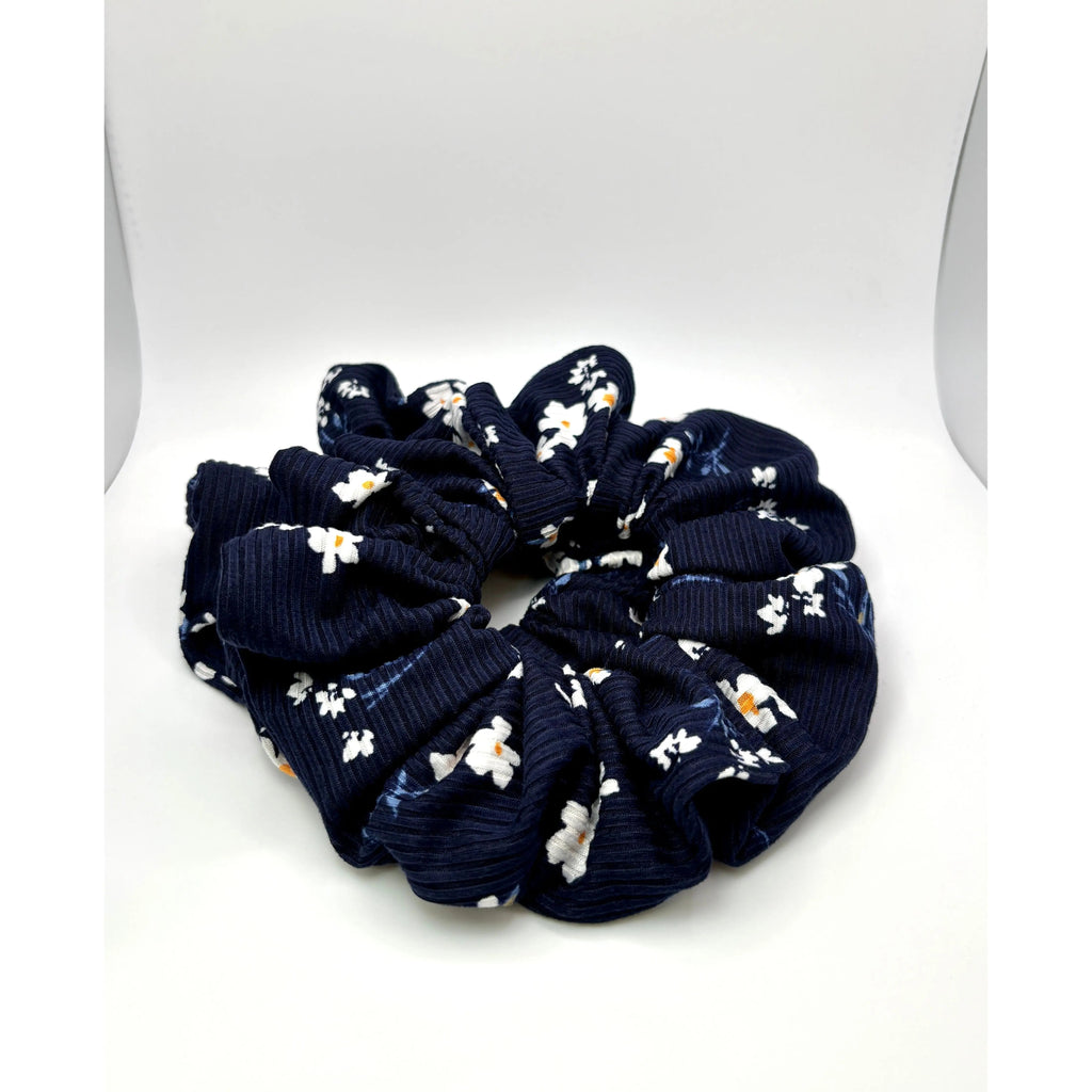 Navy Floral Ribbed Scrunchie