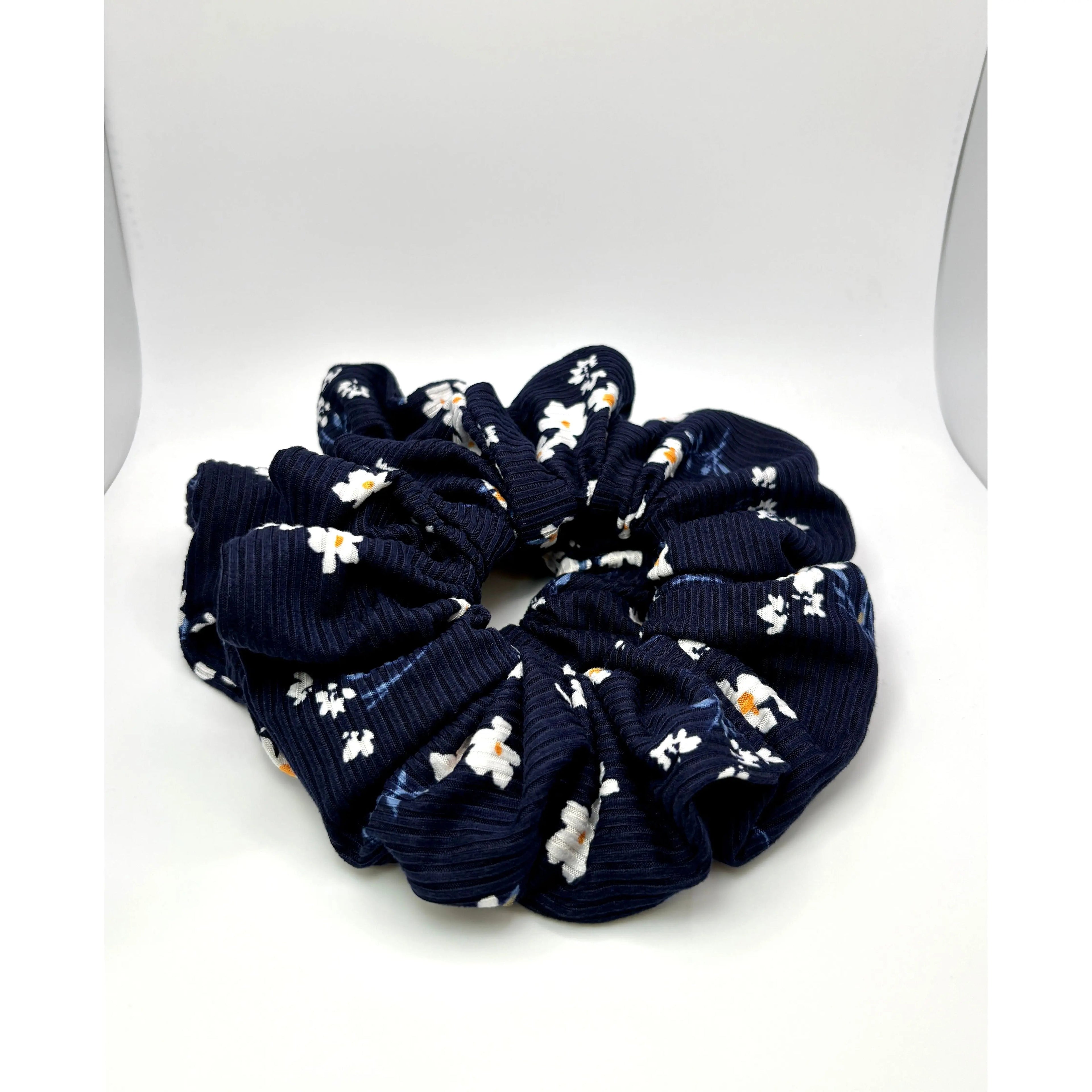 Navy Floral Ribbed Scrunchie