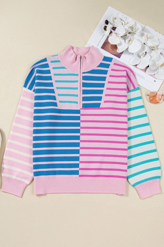 Stripe Colorblock Half Zip Sweater