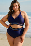 Navy Blue Embroidered Trim Wrap Tie Knot High Waisted Bikini