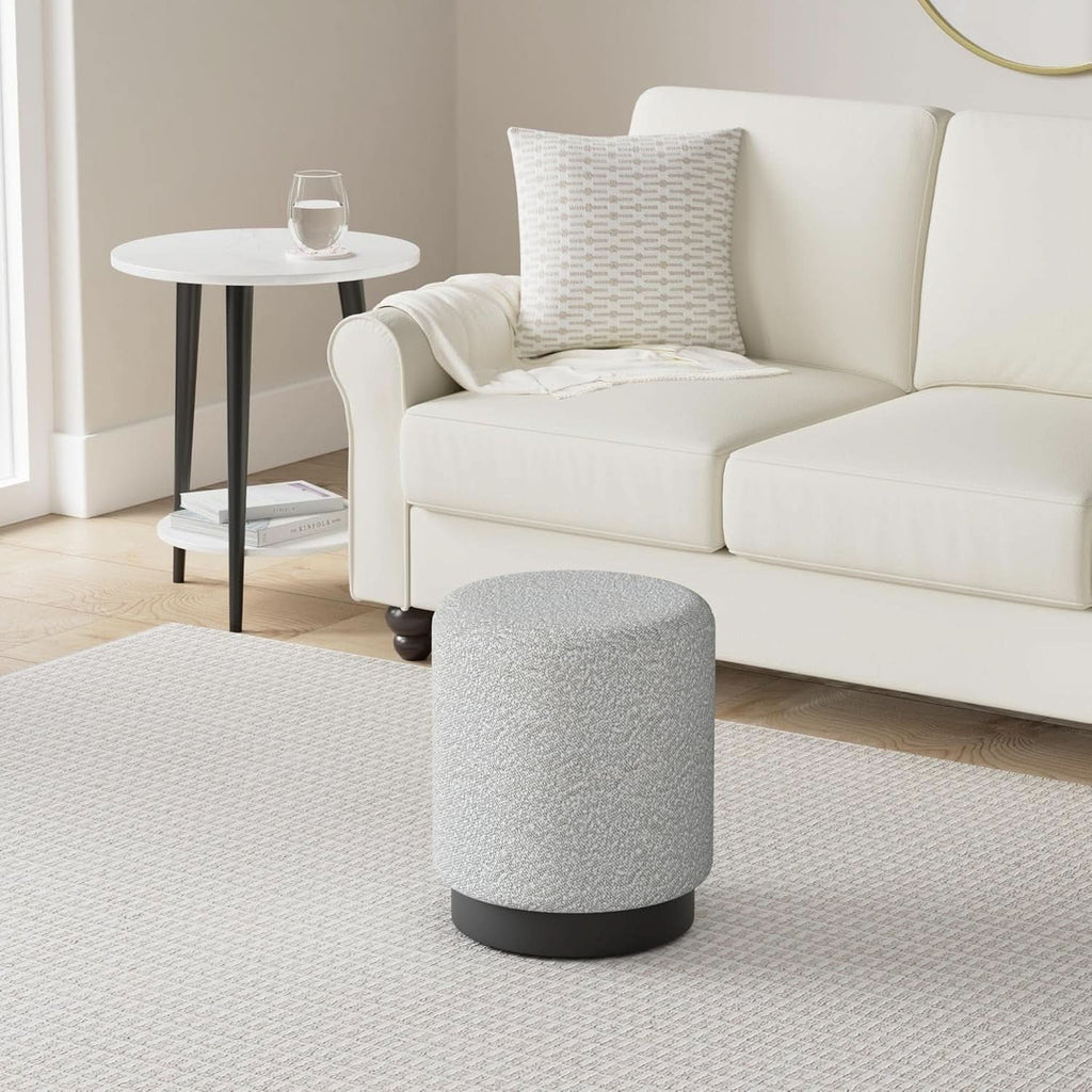 Round Boucle Ottoman Footstool White Compact Cushion