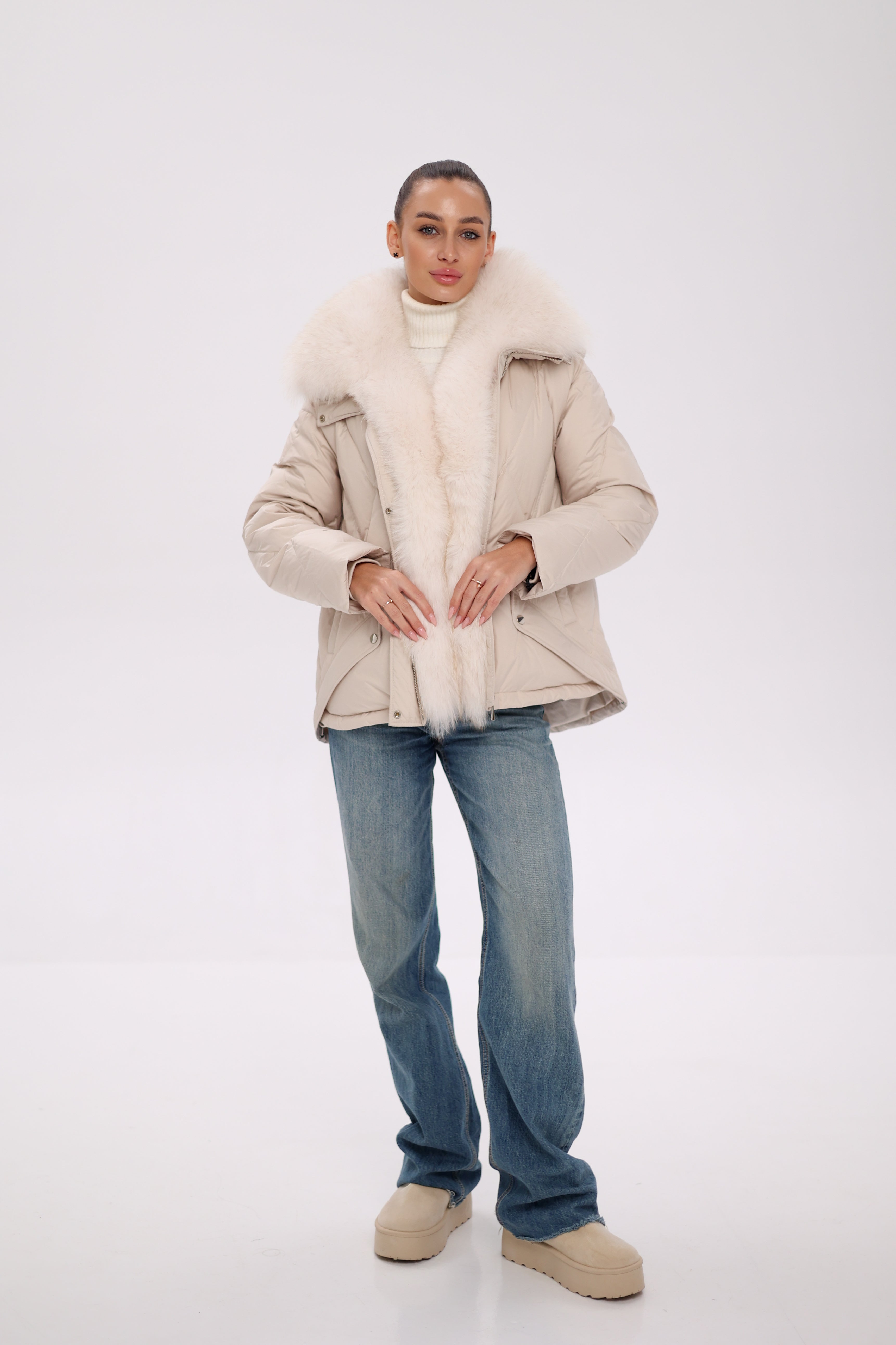 Genuine Polar Fox Fur Down Insulated Parka in Ivory