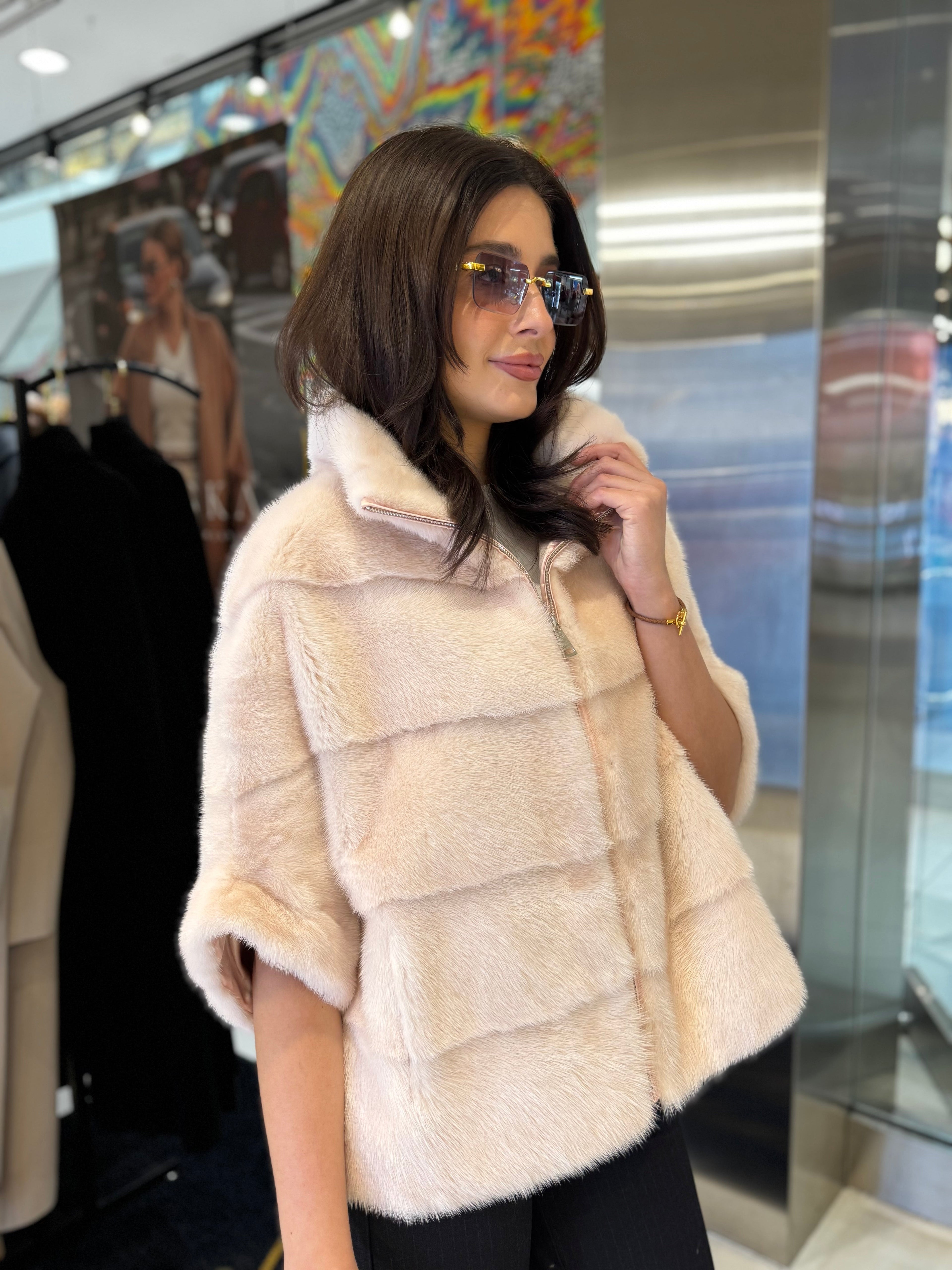 Genuine Scandinavian Mink Fur Poncho in Peach Blush