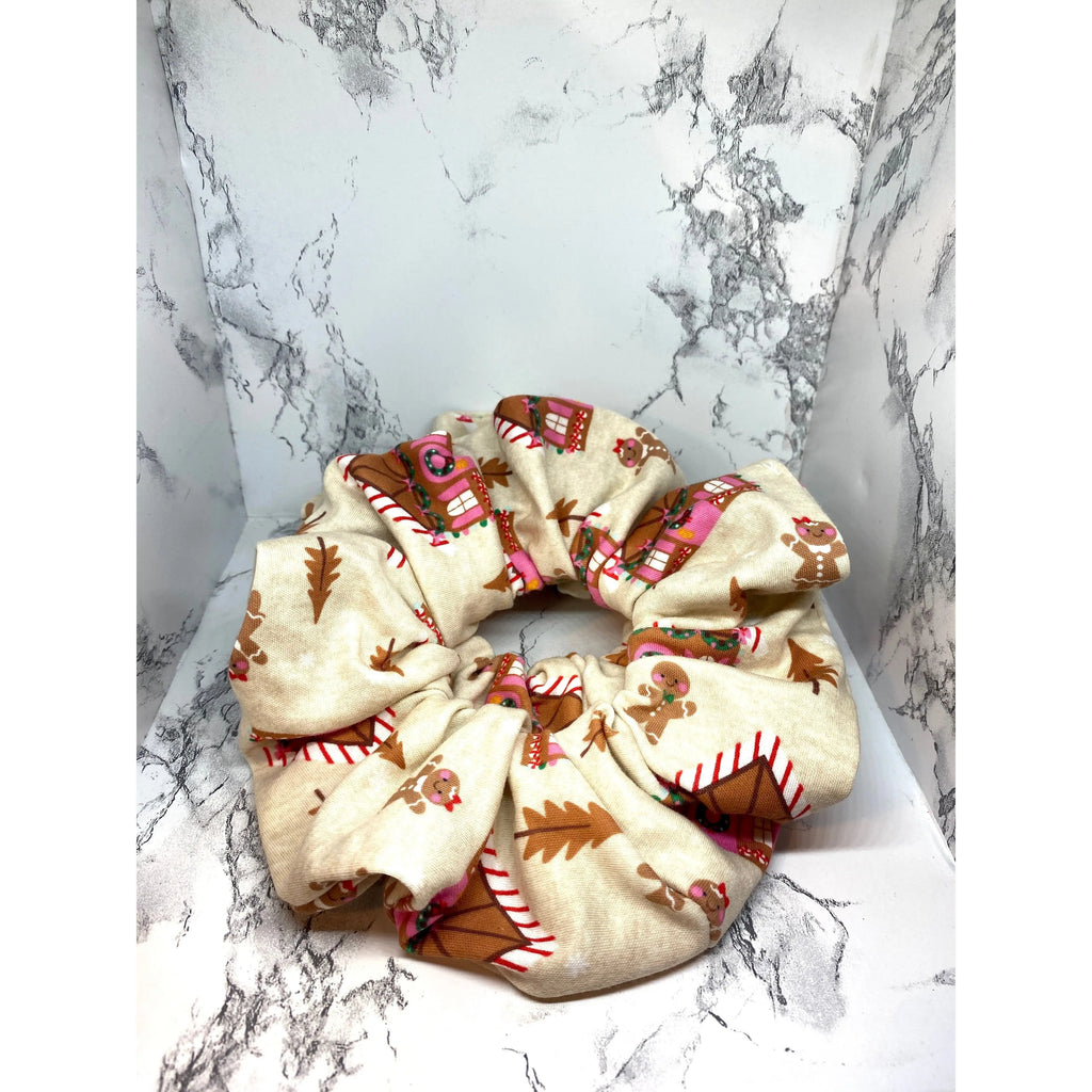 Beige Gingerbread House Christmas Scrunchie