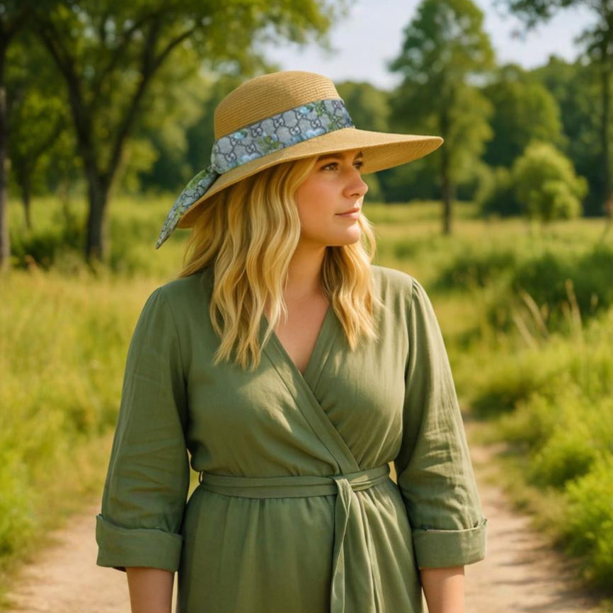 GG Logo Blooms Blue Perfect Straw Sun Hat
