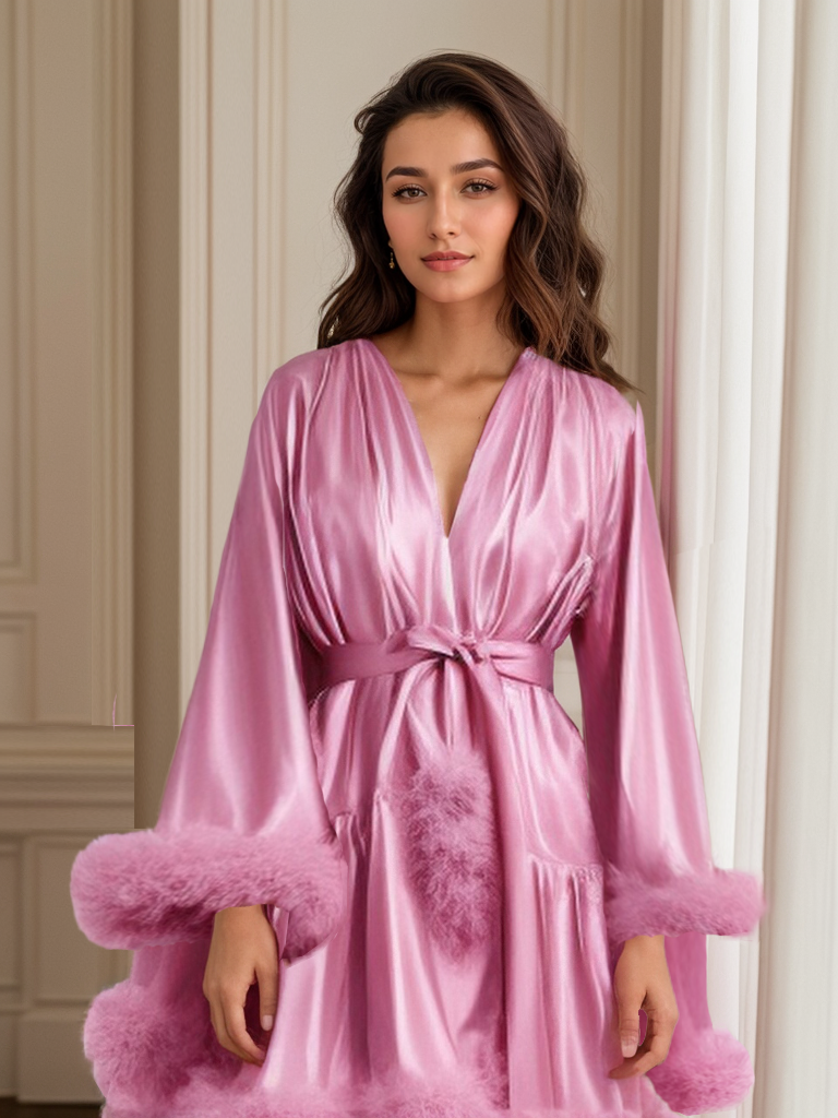 Short Satin Feather Robe – Holiday Photoshoot, Christmas Gift, Glam Party Outfit