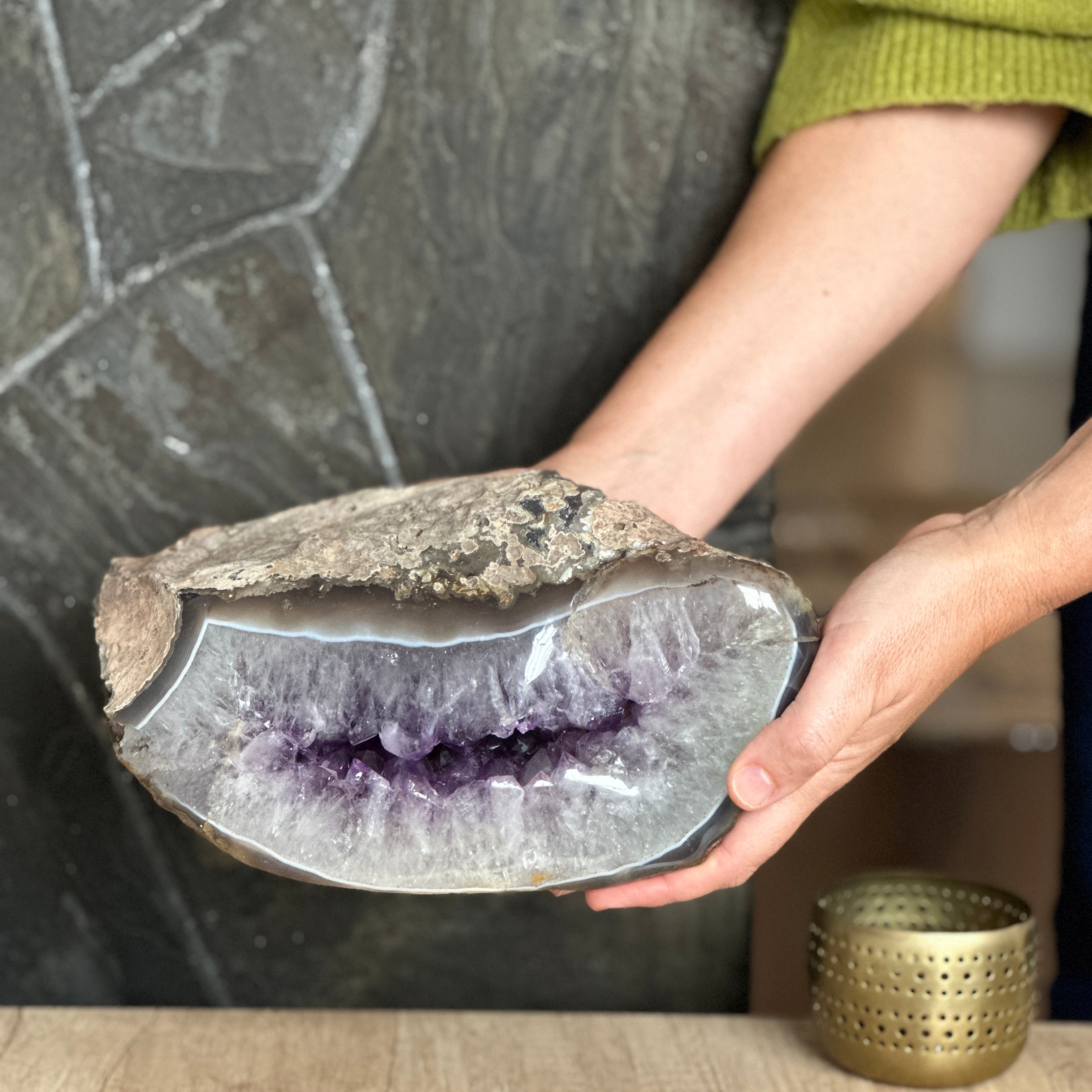 Amethyst Geode Crystal Decor With Agate Edges