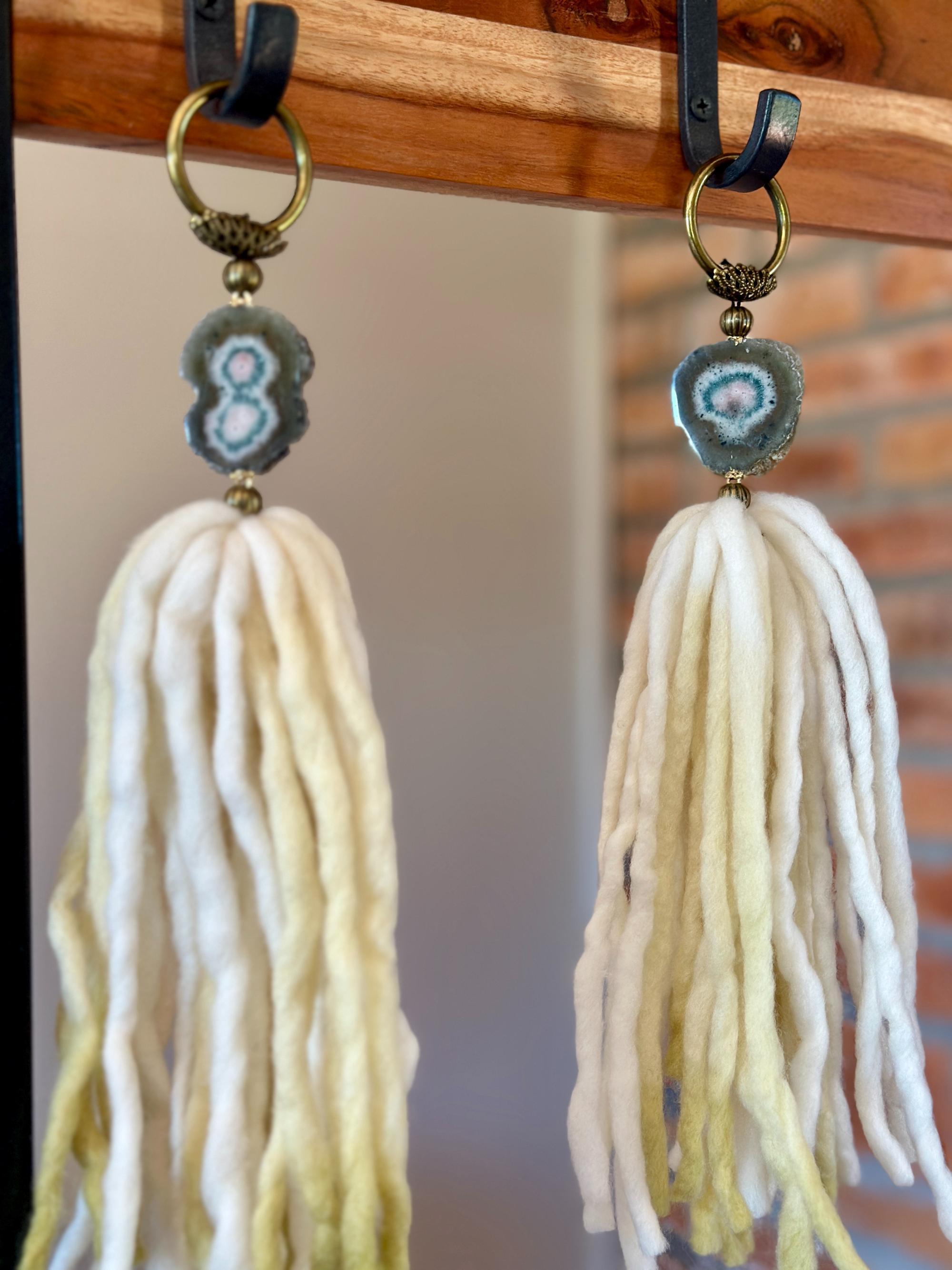 Amethyst Stalactite and Merino Wool Garland, Door knob tassel, Wall Hanging, multiple uses crystal gift