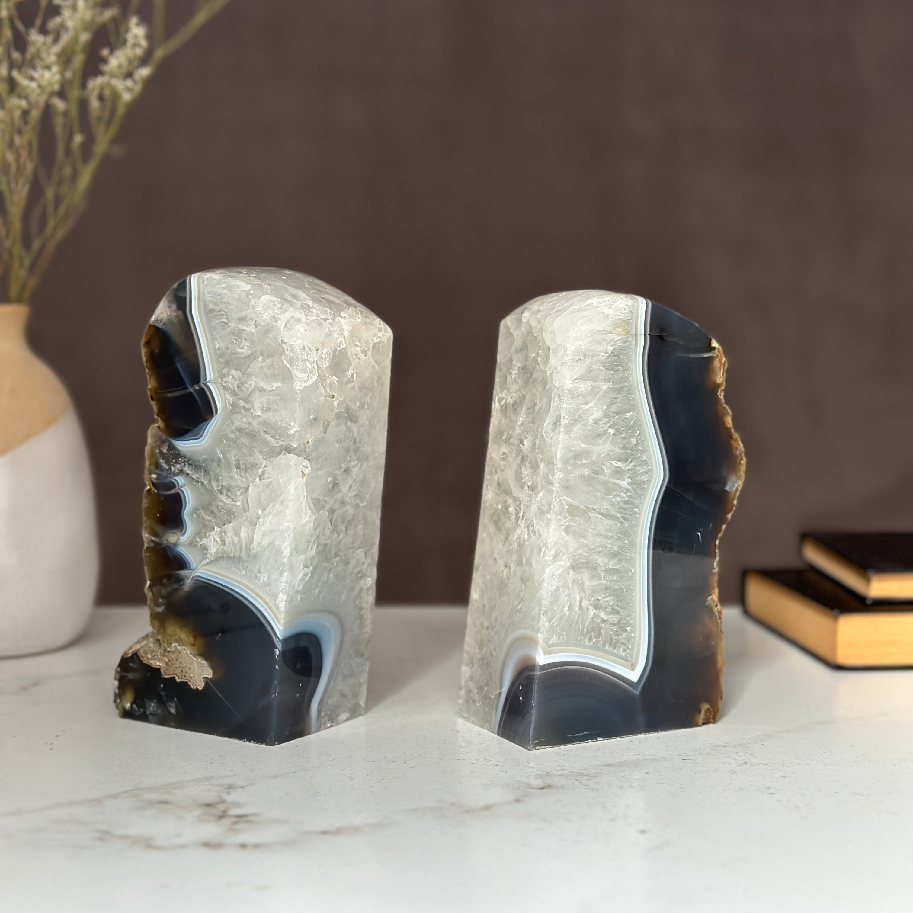 Amethyst and Agate Bookend Pair (7 Lb.) natural geode crystals, extra Large amethysts from Uruguay