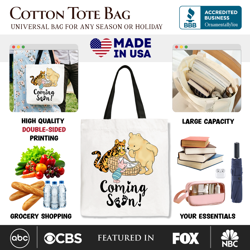 Pregnancy Announcement With Pooh & Tiger Tote Bag, Coming Soon Gift Shopper for Expecting Moms