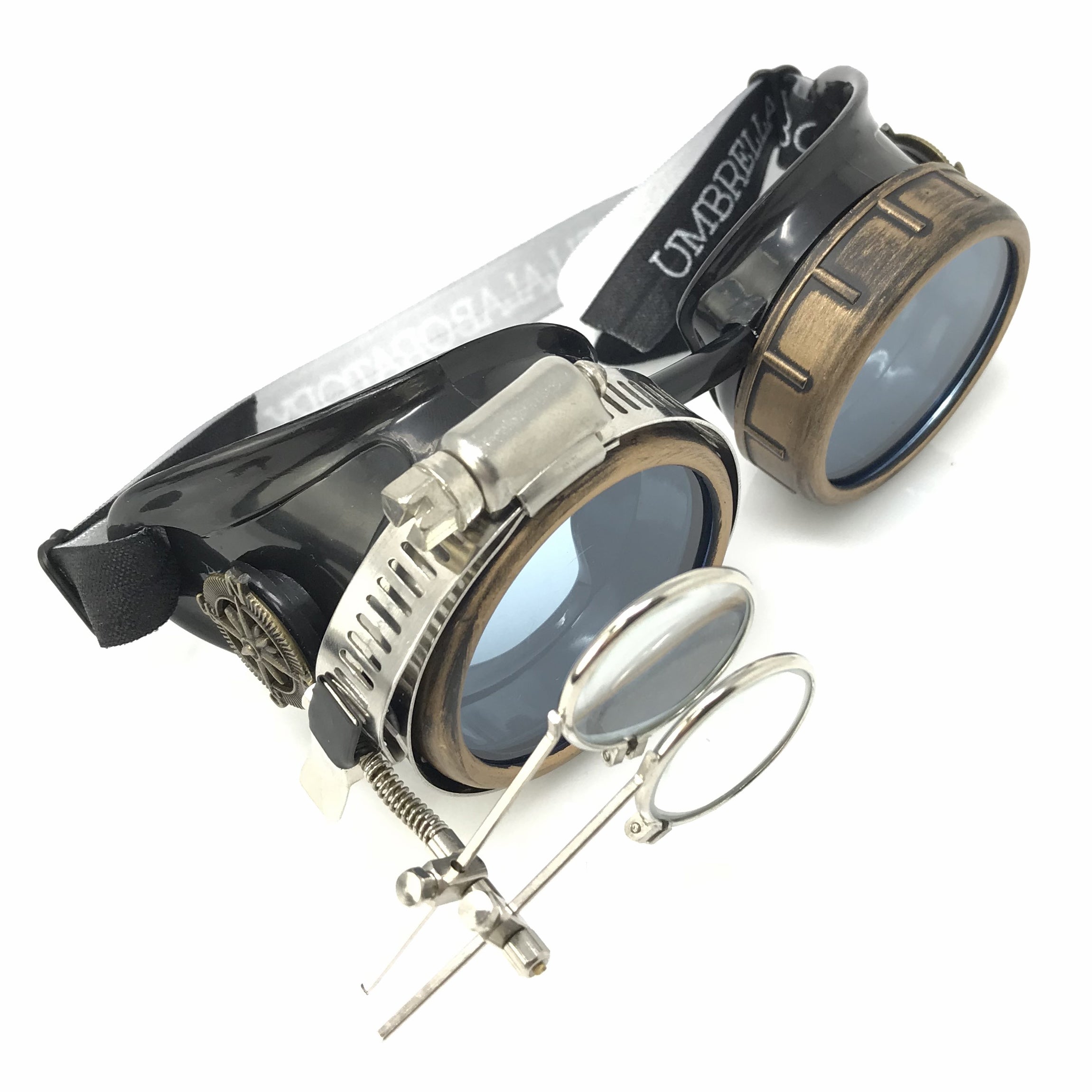 Steampunk Goggles with magnifying loupes UV glow neon blue spiral diffraction lenses