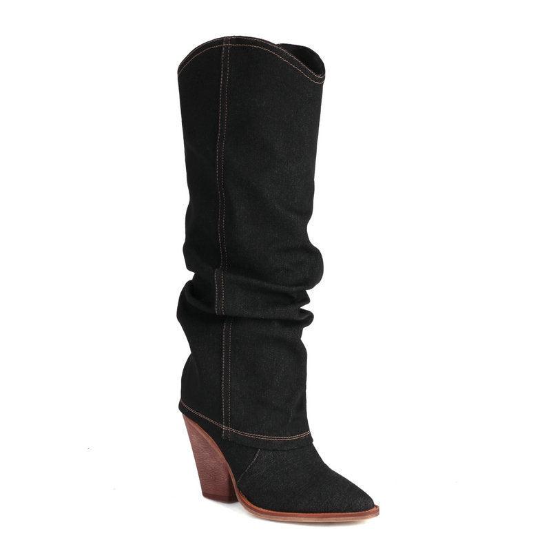 Denim Cowboy Slouch Boots | Stylish Knee-High Cowboy Boots for Cowgirls