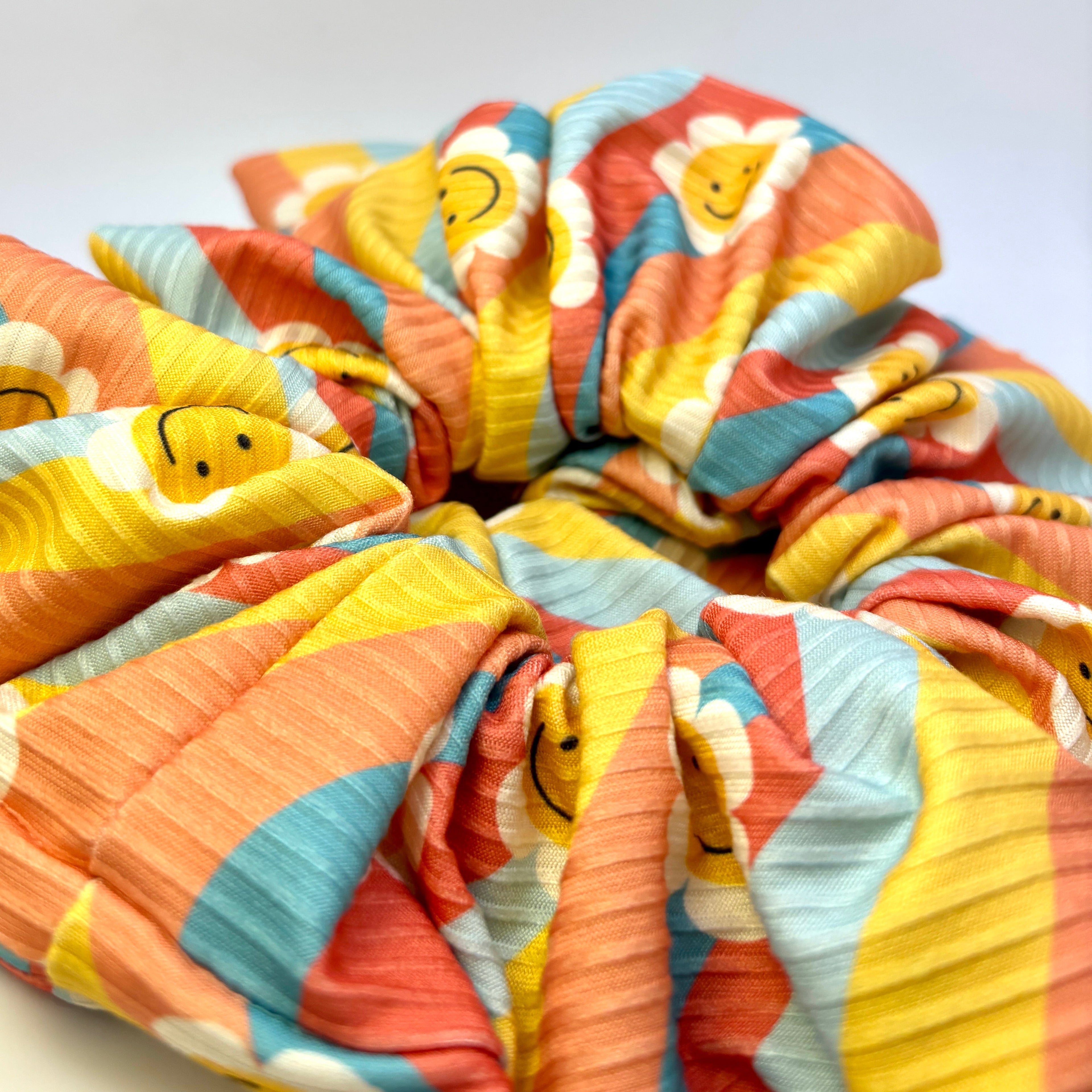 Smiley Daisy Boho Ribbed Scrunchie