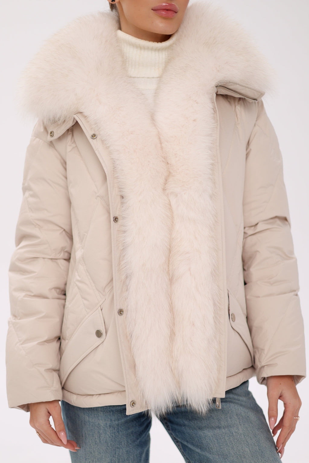 Genuine Polar Fox Fur Down Insulated Parka in Ivory