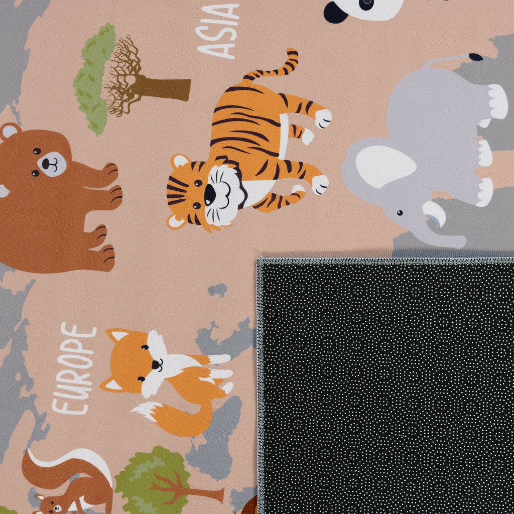 Play Mat Lilo Educational Kids Rug with World Map & Animals in Grey
