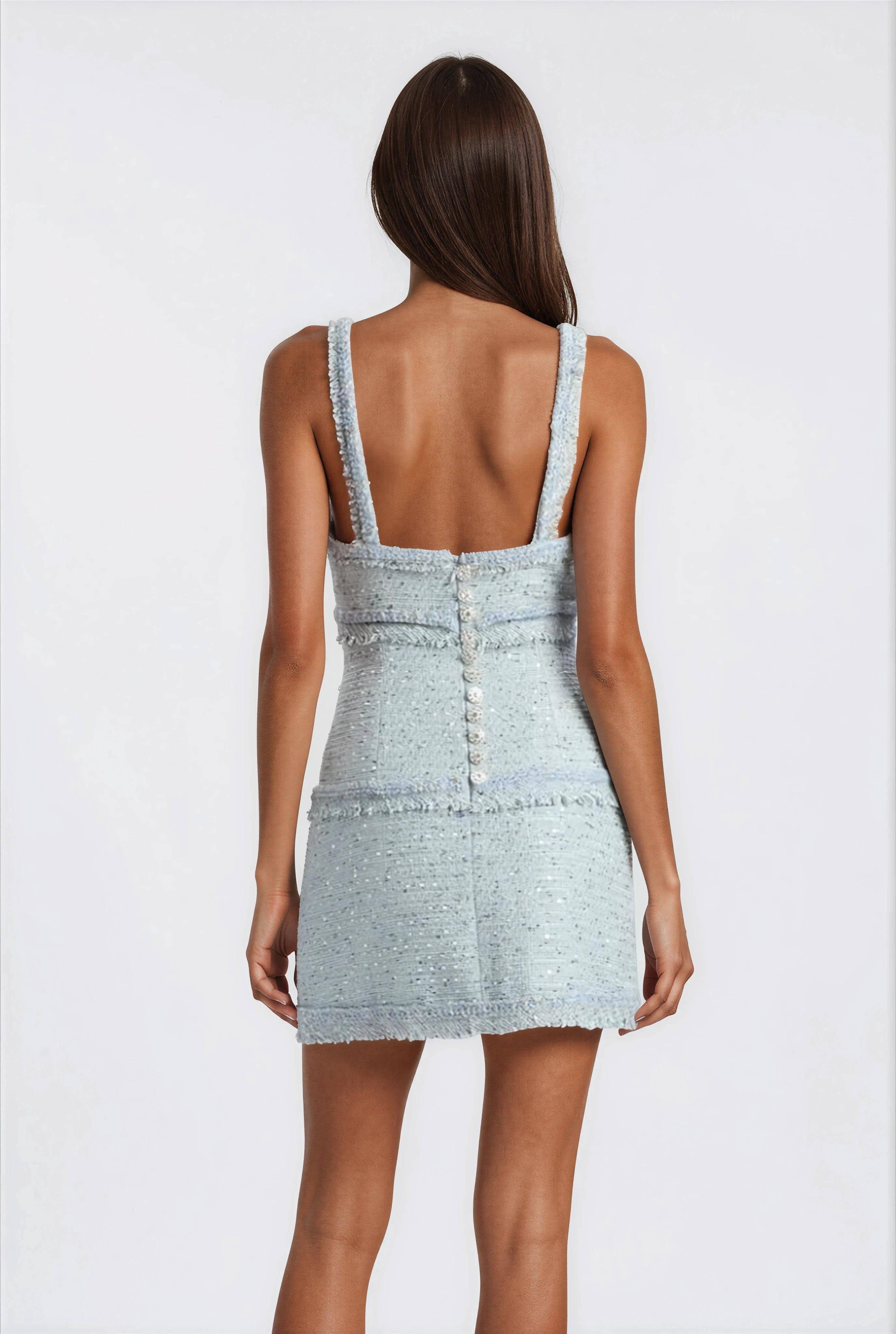 Elina Fringe Boucle Mini Dress – Blue Boucle