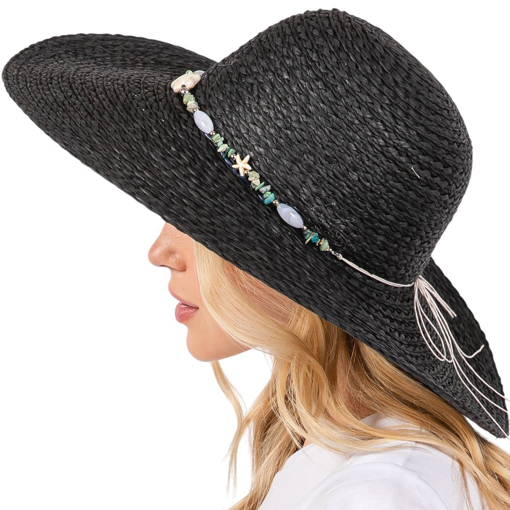Wide Brim Floppy Sun Hat with Turquoise Stone and Starfish Band