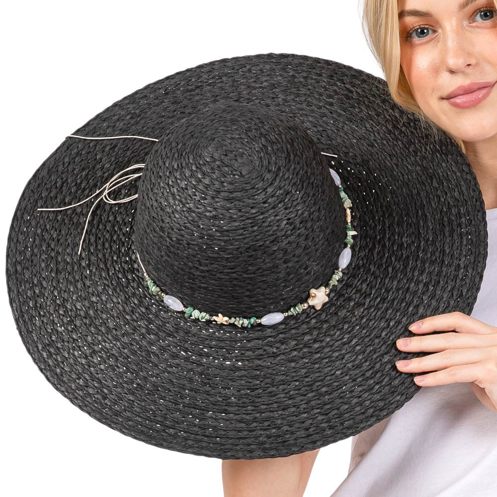 Wide Brim Floppy Sun Hat with Turquoise Stone and Starfish Band