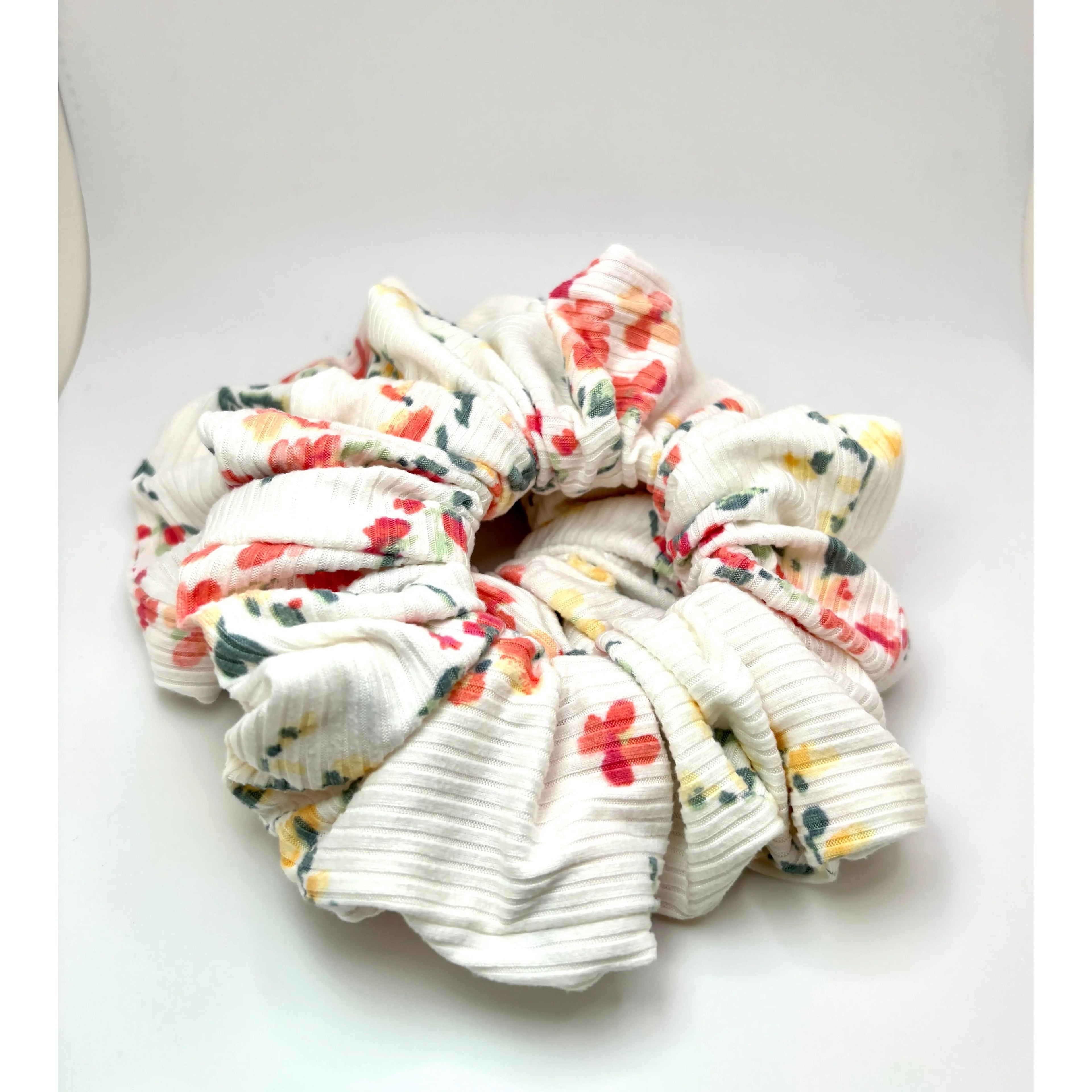 White Floral Summer Ribbed Scrunchie