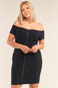 Fitted Off-the-shoulder Front Zipper Bodycon Mini Dress