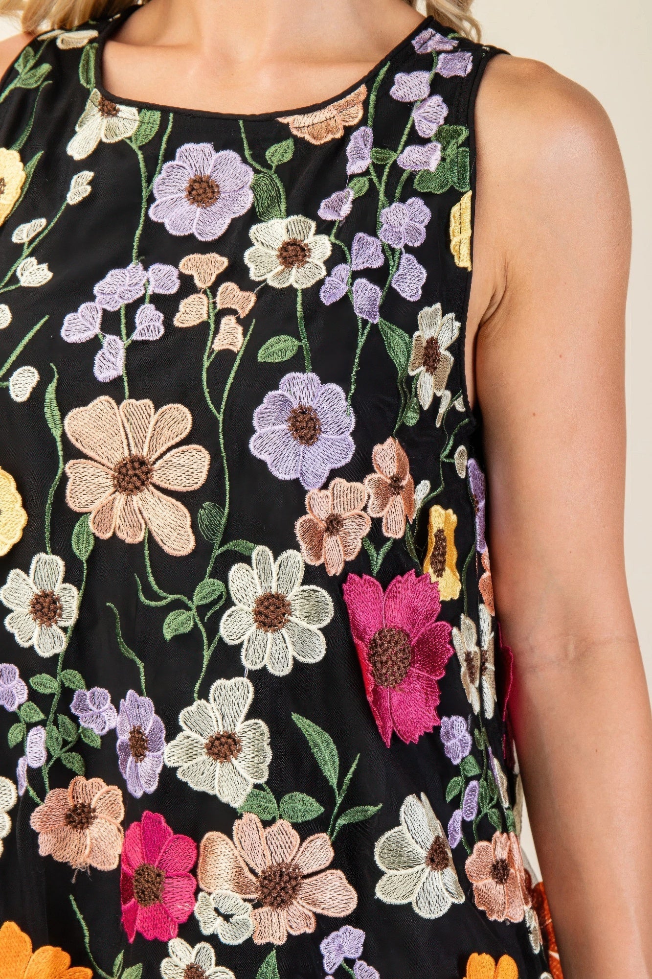 3d Floral Embroidered Sleeveless Mini Dress