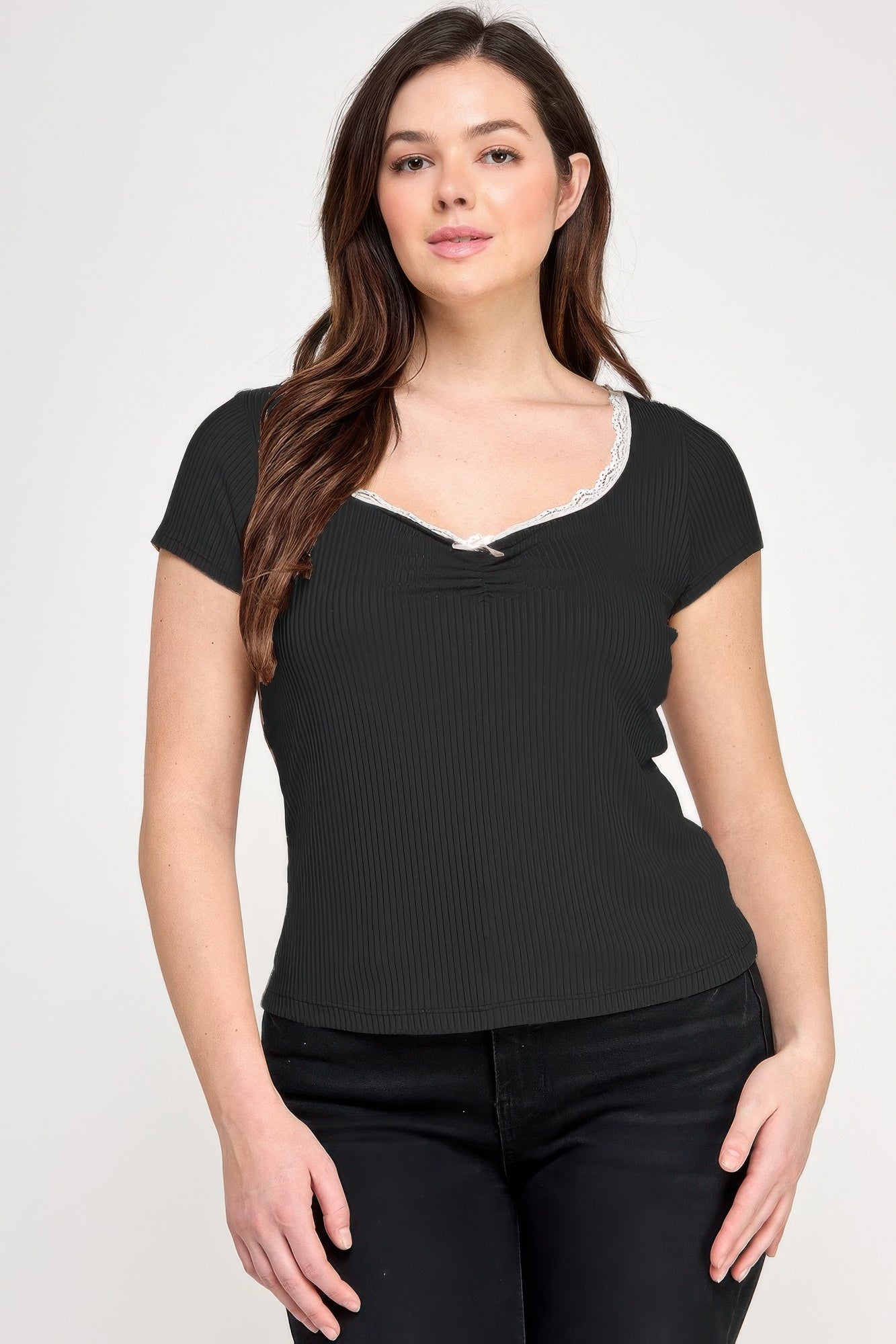 Short Sleeve Rib Bow Trim Top