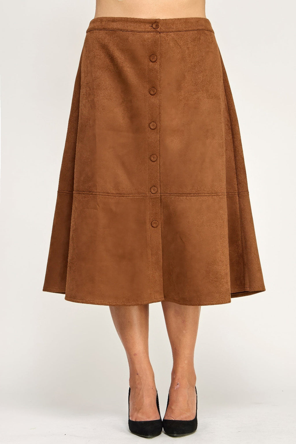 Button-front Faux Suede Aline Midi Skirt