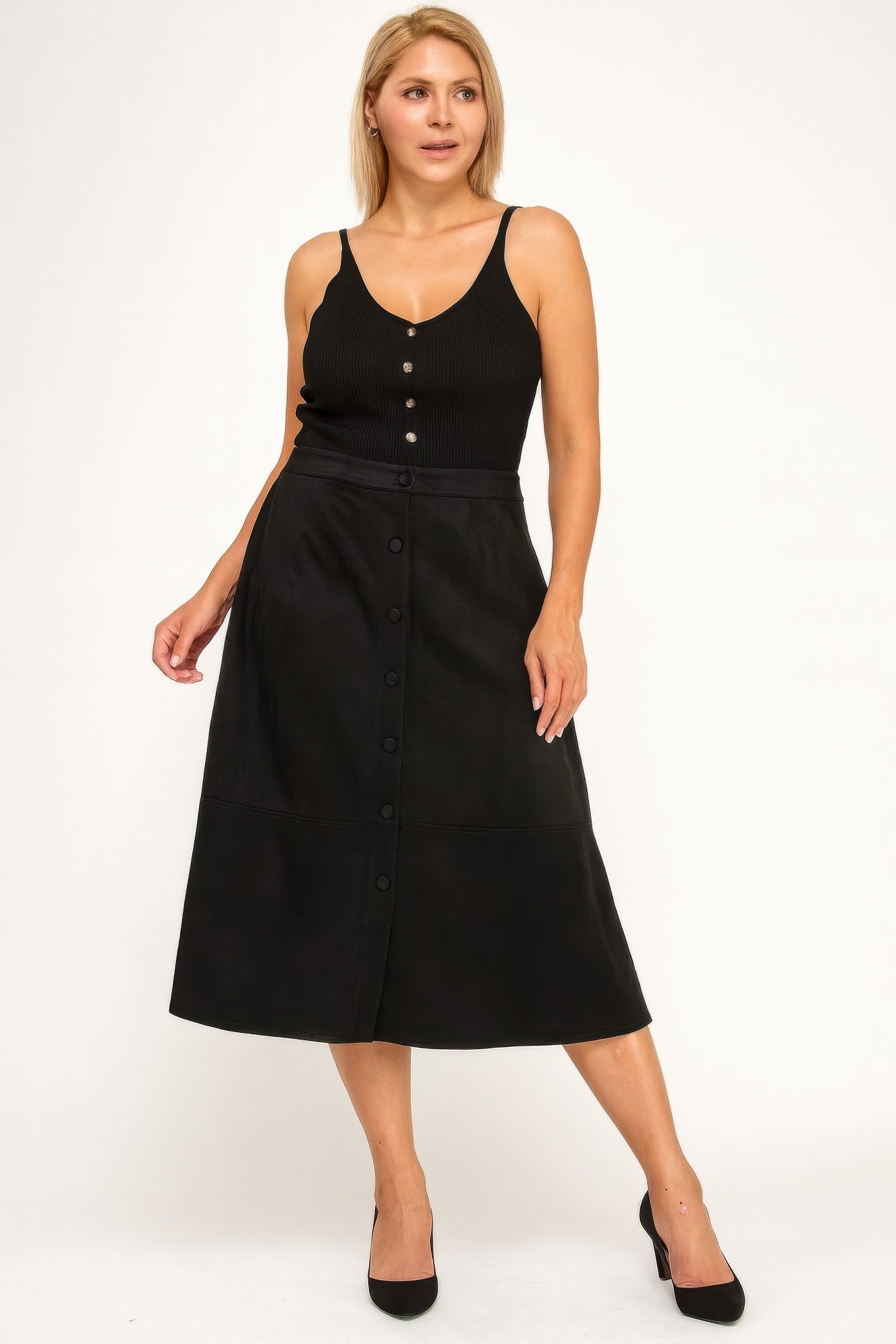 Button-front Faux Suede Aline Midi Skirt