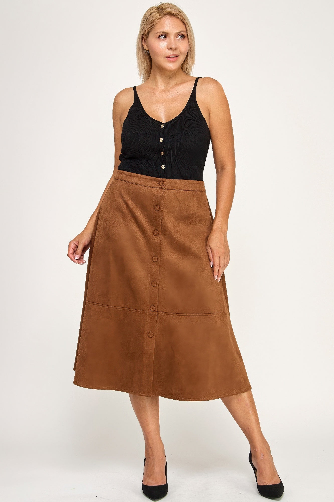 Button-front Faux Suede Aline Midi Skirt