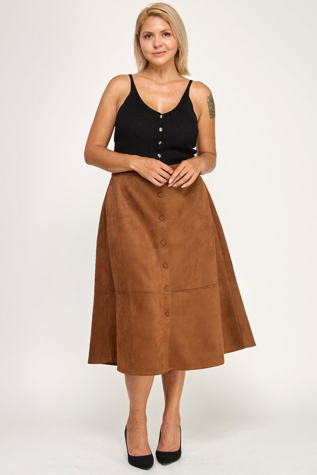 Button-front Faux Suede Aline Midi Skirt