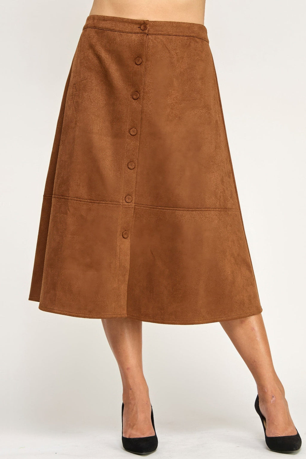 Button-front Faux Suede Aline Midi Skirt