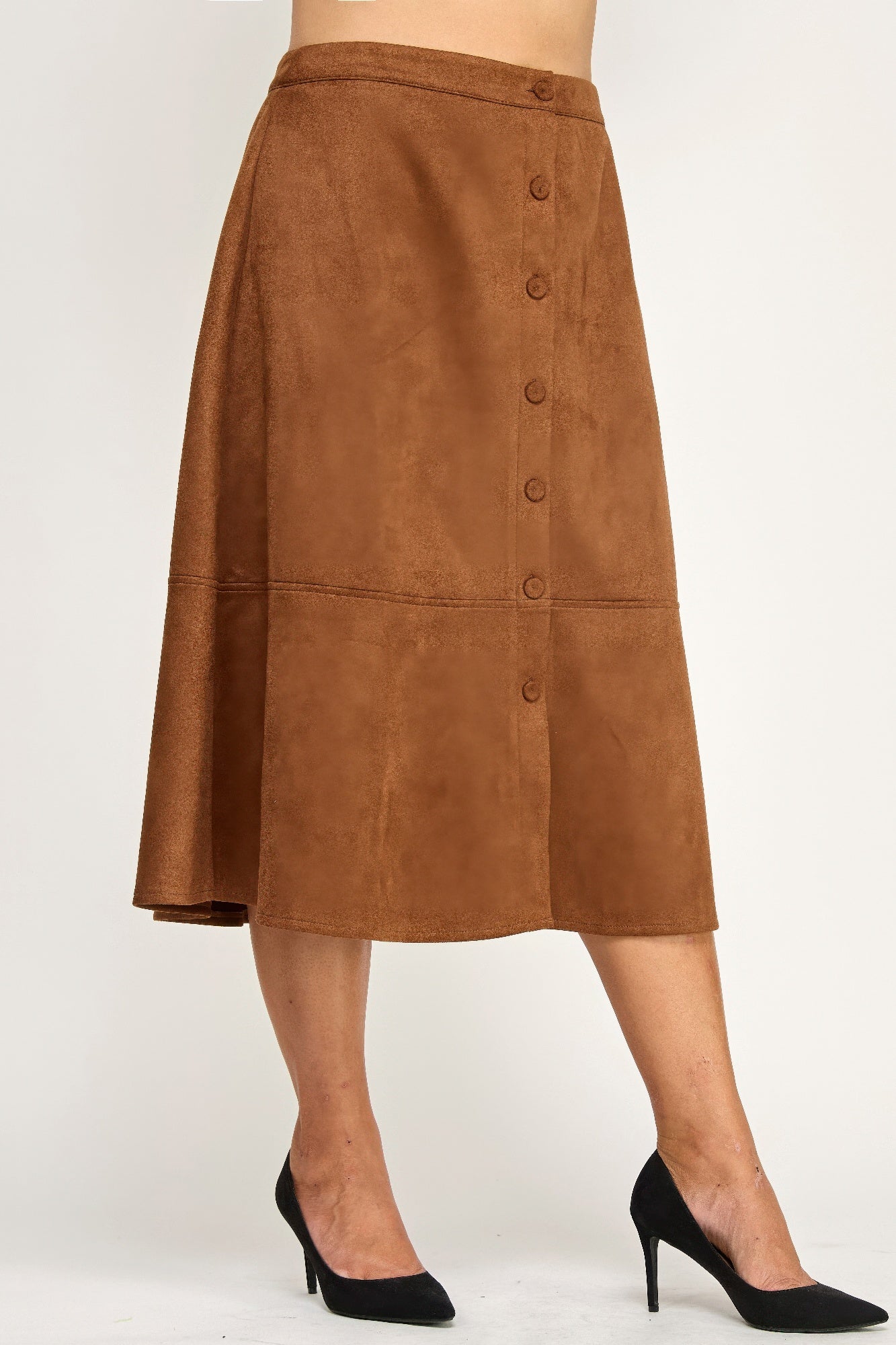 Button-front Faux Suede Aline Midi Skirt