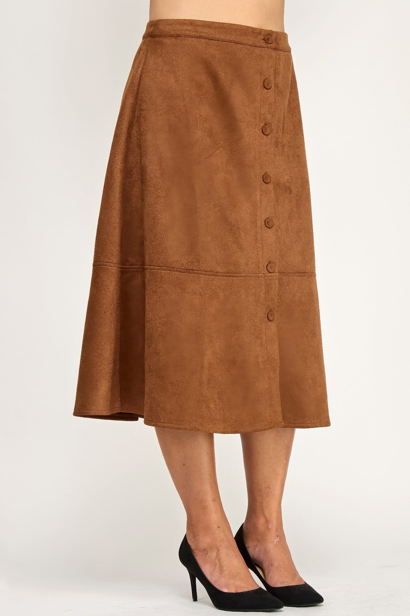 Button-front Faux Suede Aline Midi Skirt