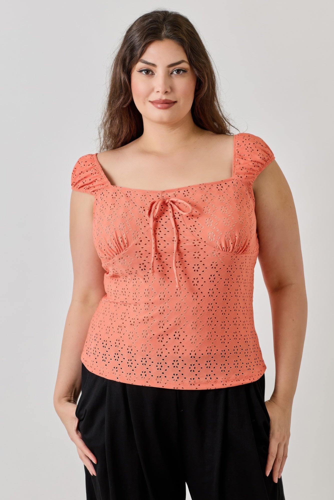 Knit Eyelet Cap Sleeve Top