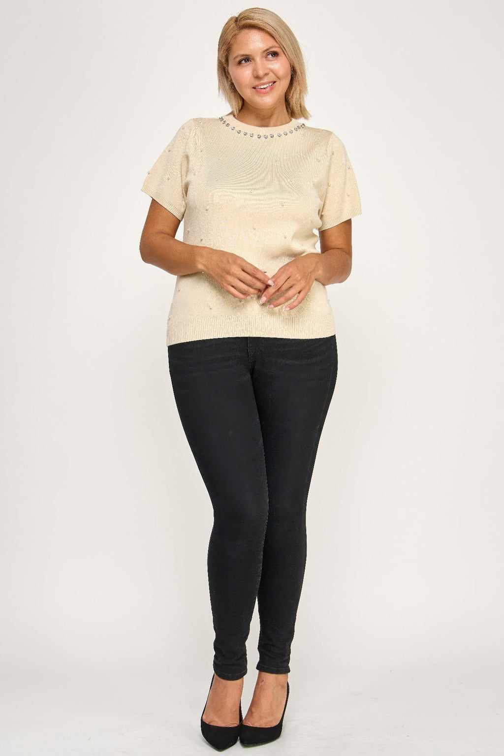 Pearl & Rhinestone Knit Sweater Top