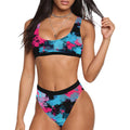 Pink and Blue Paint Splatter Sport Top & High-Waisted Bikini Swimsuit / Rave Set | UV Blacklight Reactive