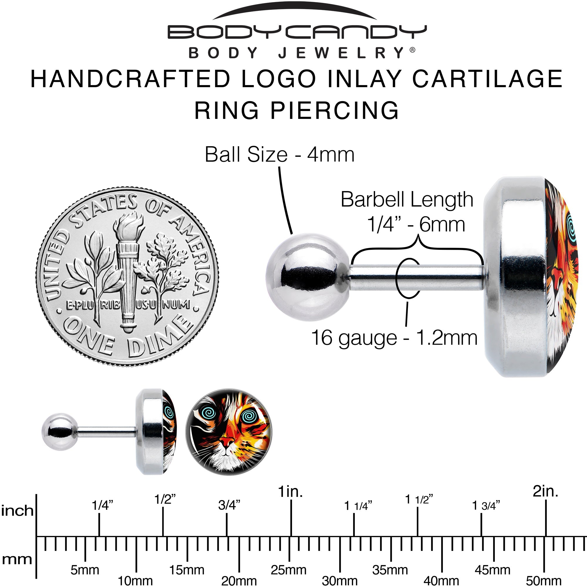 16G 1/4 Colorful Trippy Cat Cartilage Tragus Earring by Onyx O