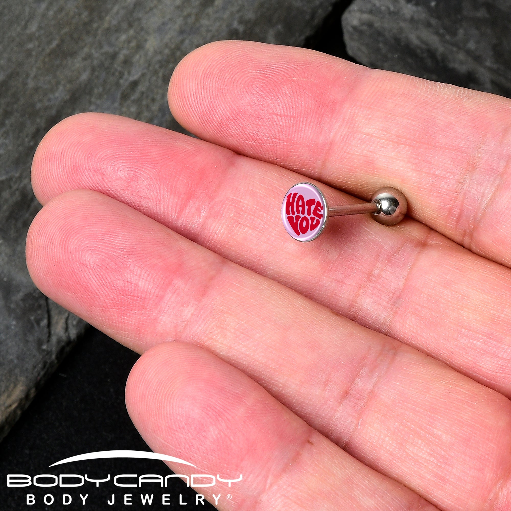 Retro Text Hate You Barbell Tongue Ring by Onyx O