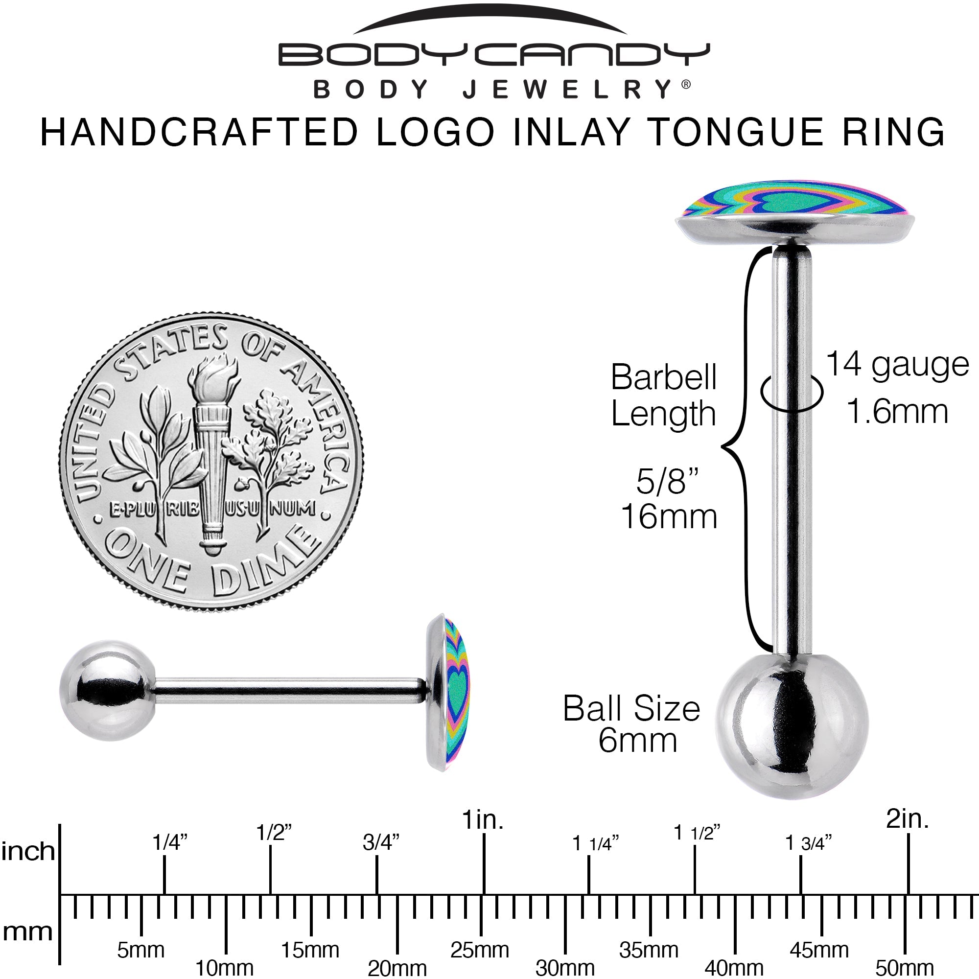Rainbow Retro Heart Barbell Tongue Ring by Onyx O