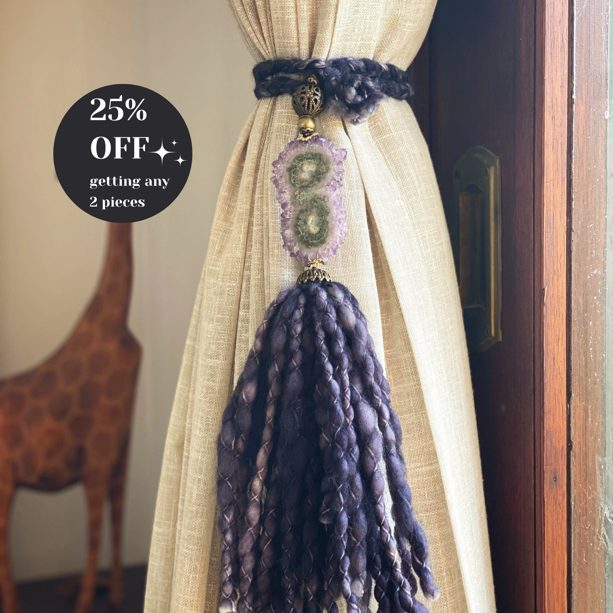 Curtains Tie Back with Amethyst Crystal and Merino Wool Tassels, Garland with Stalactite Stone, window curtains holder, Natural Wall Hanging