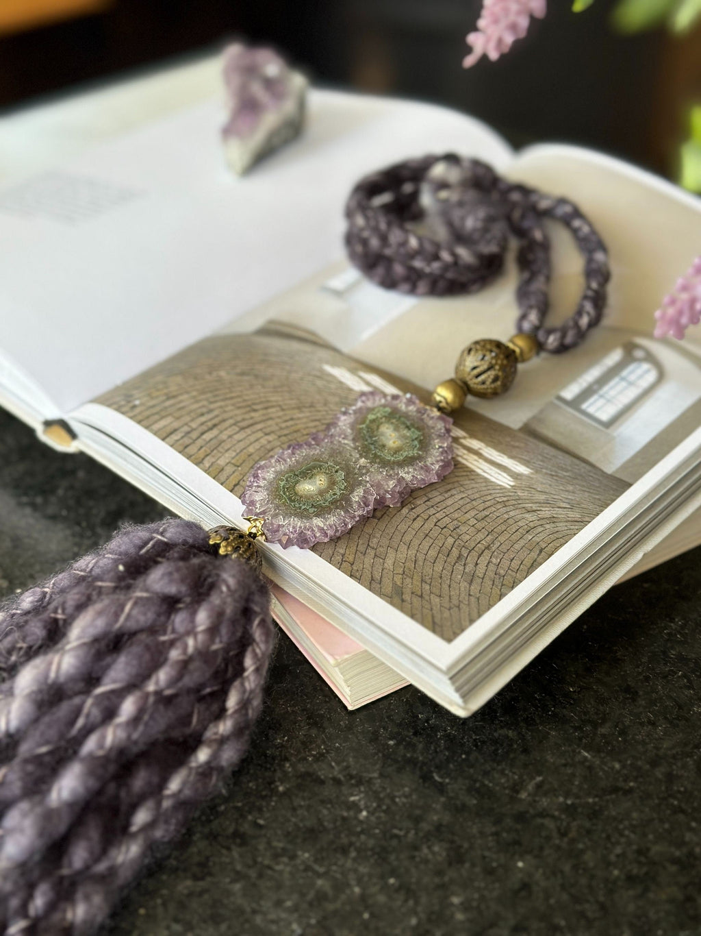 Curtains Tie Back with Amethyst Crystal and Merino Wool Tassels, Garland with Stalactite Stone, window curtains holder, Natural Wall Hanging