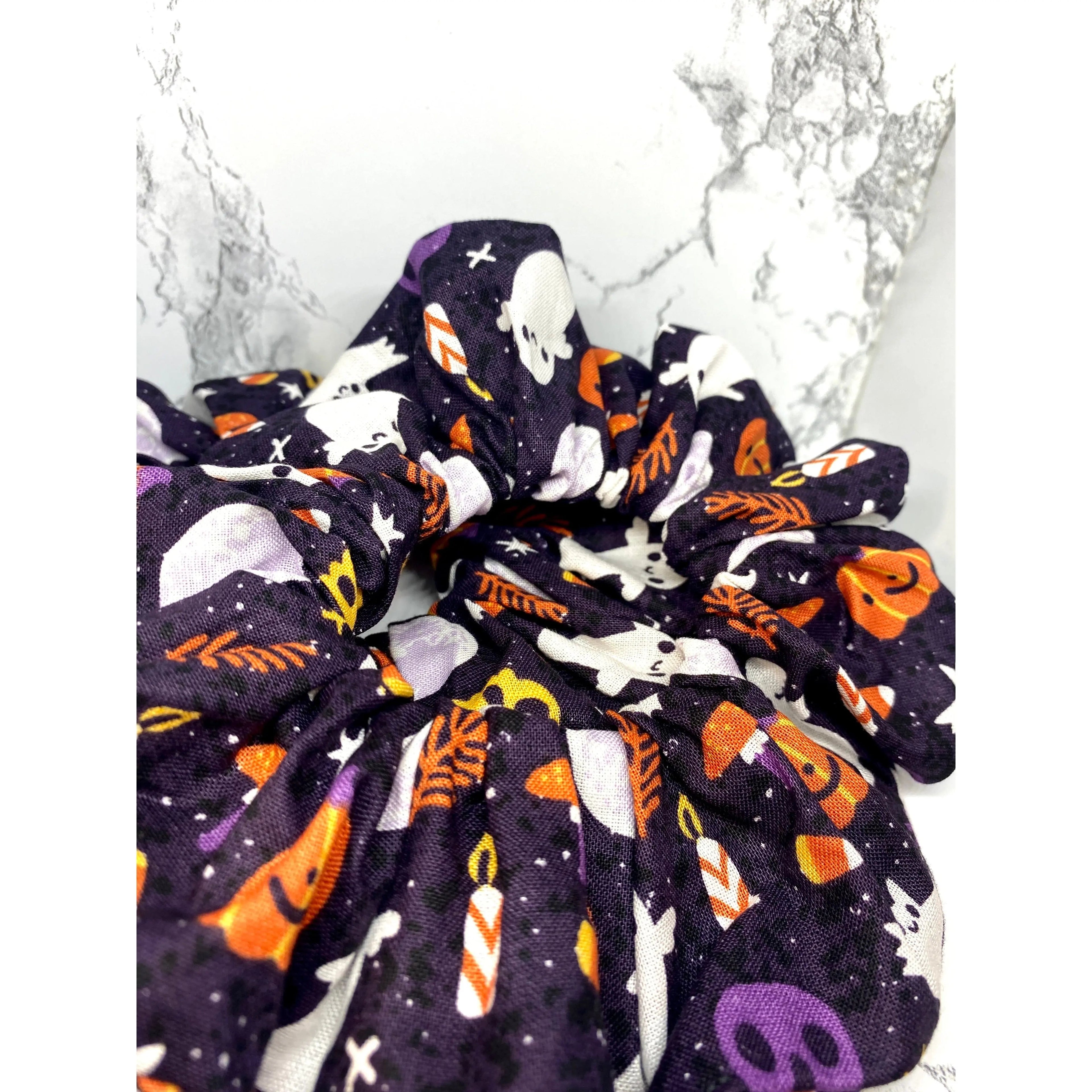 Purple Ghost and Pumpkin Halloween Scrunchie