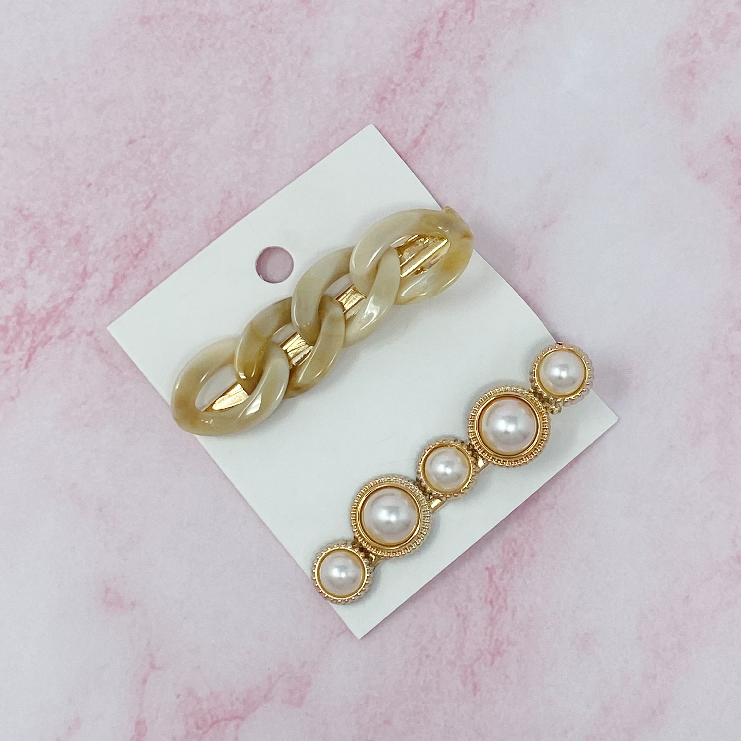 Marble Chain And Pearl Hair Clip Set