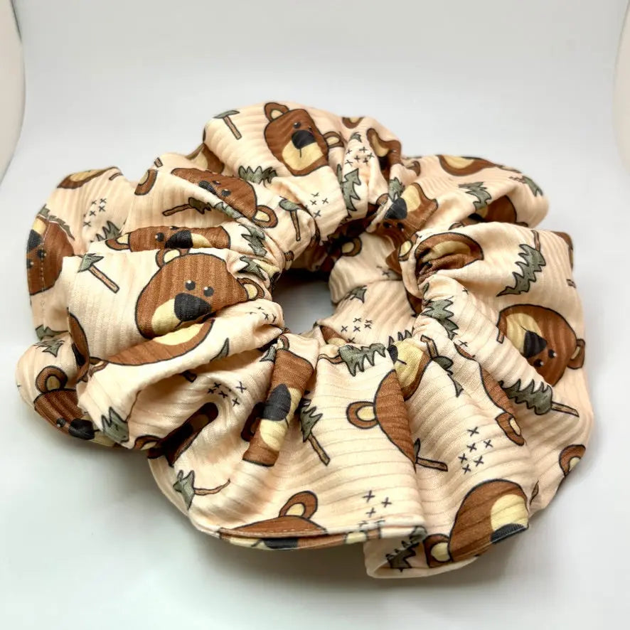 Bear and Pine Tree Ribbed Scrunchie