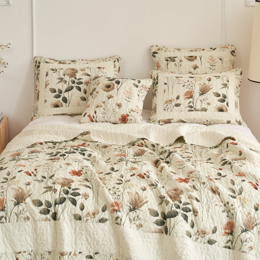 DaDalogy Enchanted Meadow Quilt Set - Victoria Garden Delicate Floral Symphony in Beige, Rose, and Soft Green, Luxuriously Soft Quilted Bedspread Set