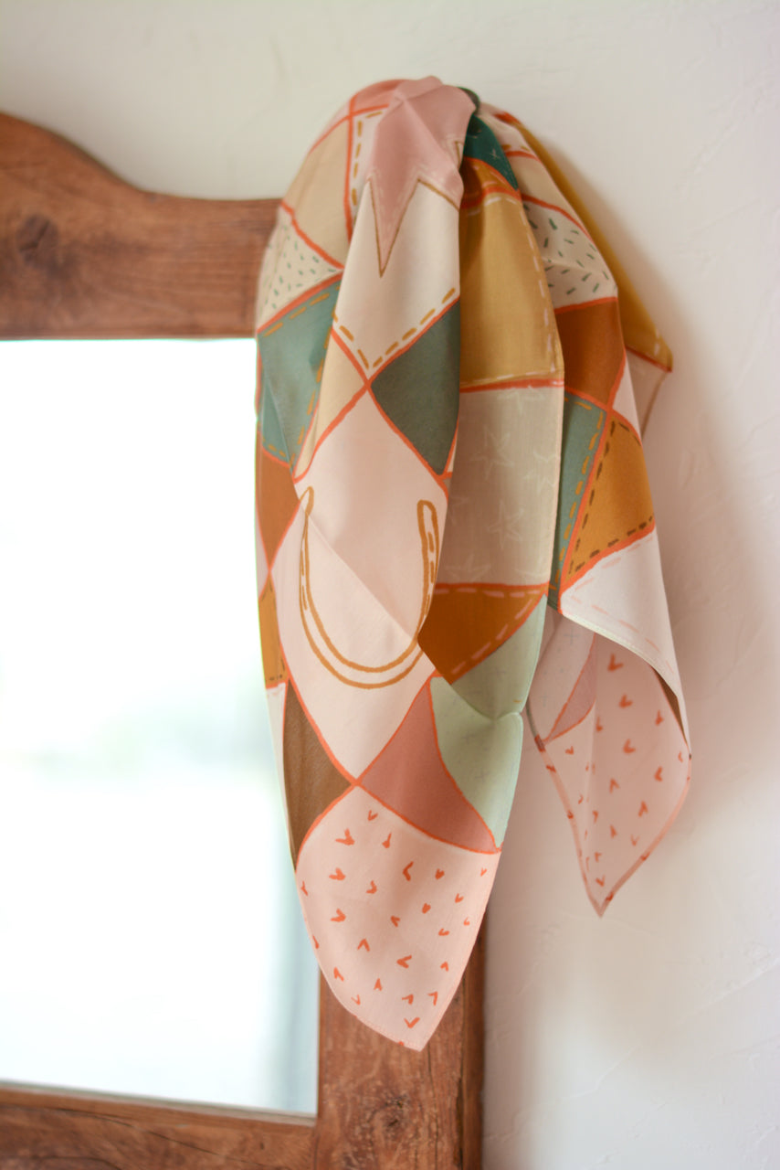 Horseshoe Vintage Ranching Patchwork Quilt Western Silk Wild Rag Scarf
