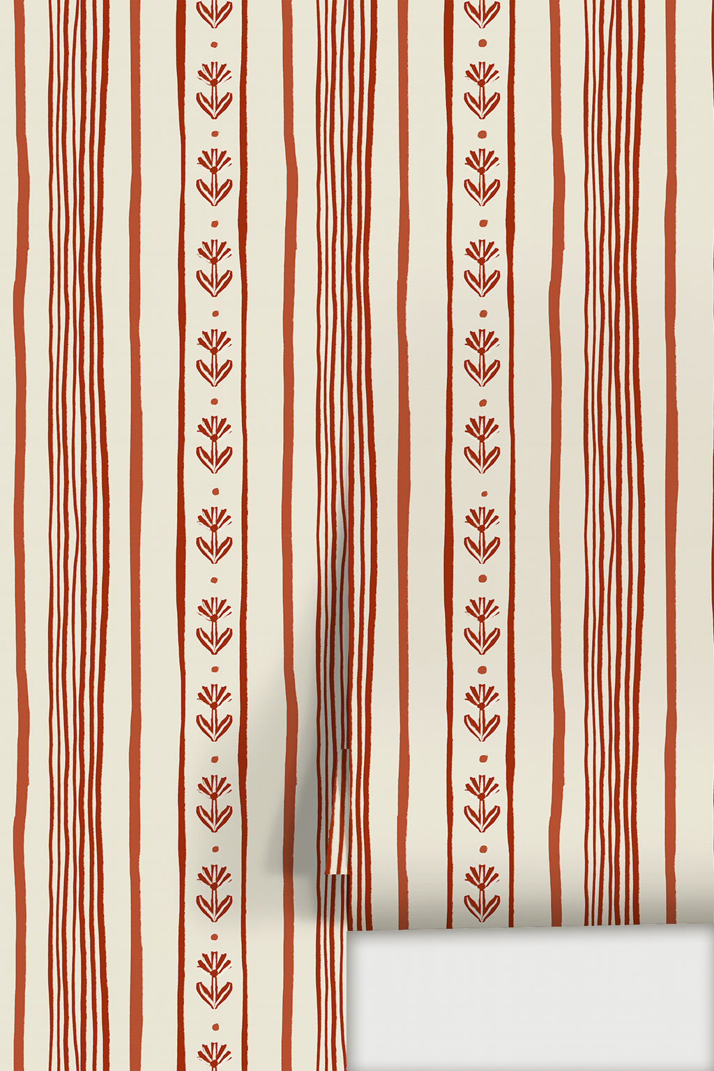Daisy Chain Stripe Wallpaper, beige and brick red