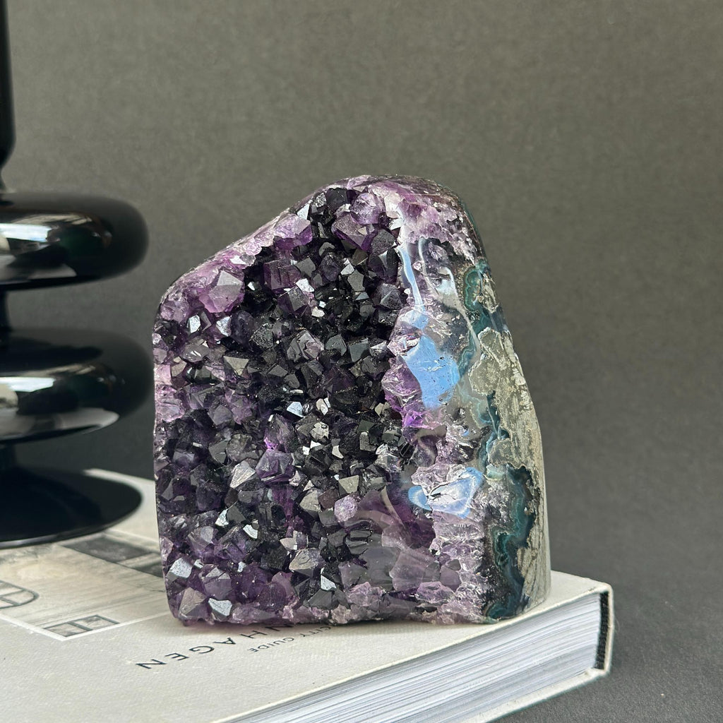 Deep Purple Amethyst cathedral geode, Unique raw crystal cluster, self stand